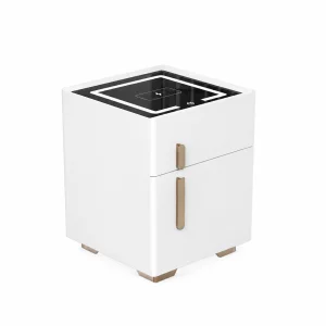 Noptiera inteligenta cu incarcare wireless, iluminare LED, 1 sertar de depozitare si seif – alba, design modern din sticla si lemn