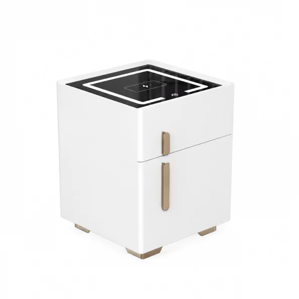 Mesita de noche inteligente con carga inalámbrica, iluminación LED, 1 cajón de almacenamiento y caja fuerte - blanco, diseño moderno de vidrio y madera