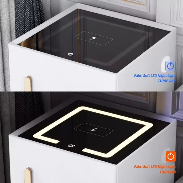 Mesita de noche inteligente con carga inalámbrica, iluminación LED, 1 cajón de almacenamiento y caja fuerte - blanco, diseño moderno de vidrio y madera