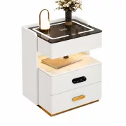 Mesita de noche inteligente con carga inalámbrica, iluminación LED, 3 cajones de almacenamiento, sensor de luz nocturna, altavoz Bluetooth y cerradura biométrica - blanco, diseño moderno de vidrio y madera