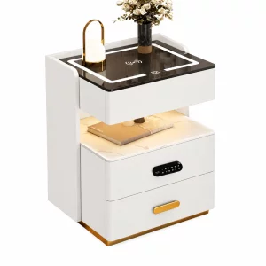 Noptiera inteligenta cu incarcare wireless, iluminare LED, 3 sertare de depozitare, senzor de lumina nocturna, difuzor Bluetooth si incuietoare biometrica – alba, design modern din sticla si lemn