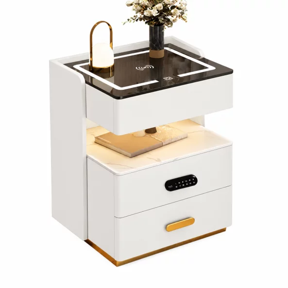 Mesita de noche inteligente con carga inalámbrica, iluminación LED, 3 cajones de almacenamiento, sensor de luz nocturna, altavoz Bluetooth y cerradura biométrica - blanco, diseño moderno de vidrio y madera