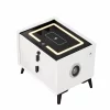 Интелигентно нощно шкафче с безжично зареждане, LED осветление, Bluetooth високоговорител, USB и Type-C портове – бял цвят, 2 чекмеджета, модерен дизайн от стъкло и дърво.