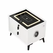 Интелигентно нощно шкафче с безжично зареждане, LED осветление, Bluetooth високоговорител, USB и Type-C портове – бял цвят, 2 чекмеджета, модерен дизайн от стъкло и дърво.