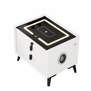 Noptiera inteligenta cu incarcare wireless, iluminare LED, difuzor Bluetooth, port USB si Type-C – culoare alb, 2 sertare, design modern din sticla si lemn