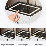 Интелигентно нощно шкафче с безжично зареждане, LED осветление, Bluetooth високоговорител, USB и Type-C портове – бял цвят, 2 чекмеджета, модерен дизайн от стъкло и дърво.