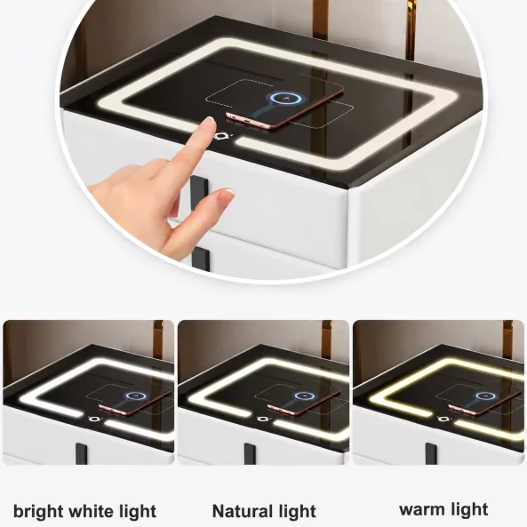 Интелигентно нощно шкафче с безжично зареждане, LED осветление, Bluetooth високоговорител, USB и Type-C портове – бял цвят, 2 чекмеджета, модерен дизайн от стъкло и дърво.