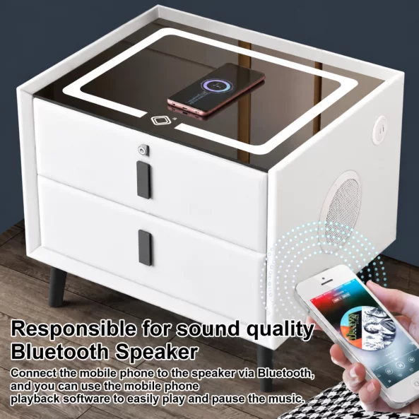 Интелигентно нощно шкафче с безжично зареждане, LED осветление, Bluetooth високоговорител, USB и Type-C портове – бял цвят, 2 чекмеджета, модерен дизайн от стъкло и дърво.