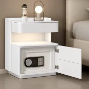 Noptieră inteligentă cu încărcare wireless, iluminare LED, sertar de depozitare și seif integrat – culoare alb