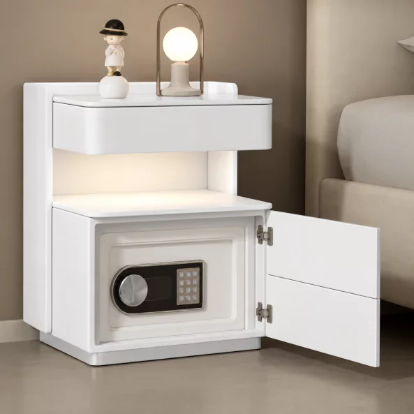 Noptieră inteligentă cu încărcare wireless, iluminare LED, sertar de depozitare și seif integrat – culoare alb