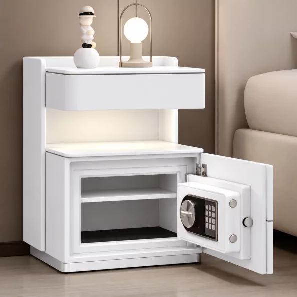 Noptieră inteligentă cu încărcare wireless, iluminare LED, sertar de depozitare și seif integrat – culoare alb
