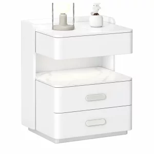 Noptieră inteligentă cu încărcare wireless, iluminare LED, sertar de depozitare și seif integrat – culoare alb