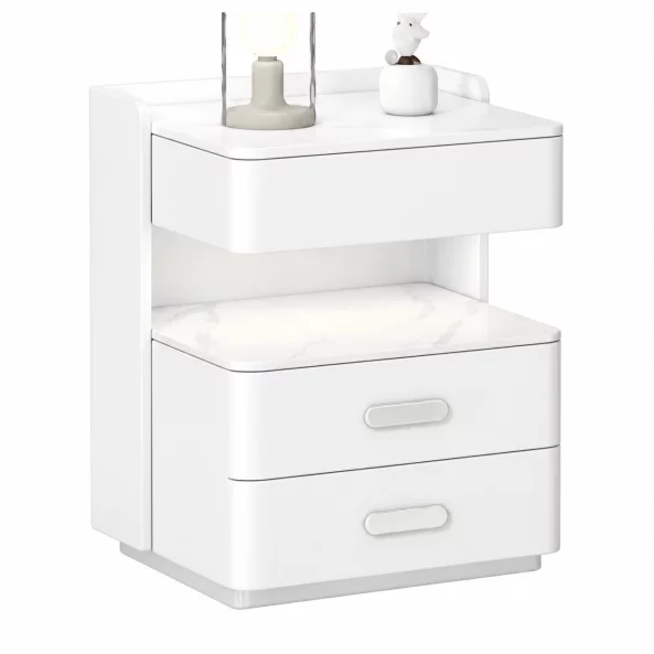 Noptieră inteligentă cu încărcare wireless, iluminare LED, sertar de depozitare și seif integrat – culoare alb