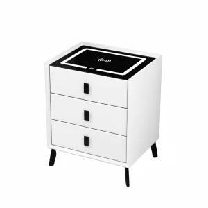 Noptiera inteligenta cu incarcare wireless, iluminare LED si 3 sertare – culoare alba, design modern din sticla si lemn