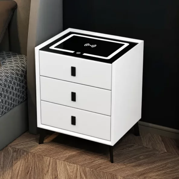 Интелигентно нощно шкафче с безжично зареждане, LED осветление и 3 чекмеджета – бял цвят, модерен дизайн от стъкло и дърво.