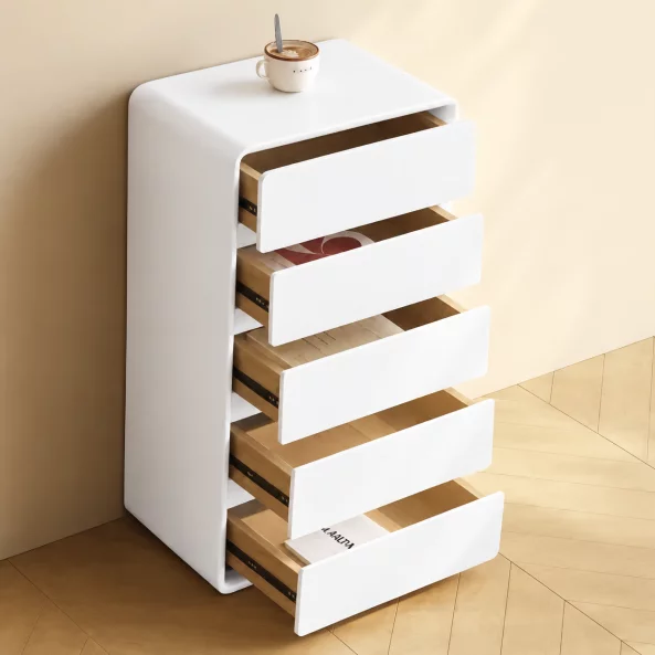 Скрин от MDF и PU кожа – 5 чекмеджета, 55x40x101 см - Бял