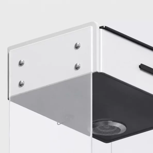 Noptiera inteligenta cu incarcare wireless, iluminare LED, 1 sertar de depozitare, difuzor Bluetooth si inchidere prin amprenta – alba, design modern din sticla si lemn