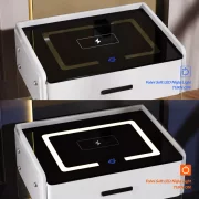 Noptiera inteligenta cu incarcare wireless, iluminare LED, 1 sertar de depozitare, difuzor Bluetooth si inchidere prin amprenta – alba, design modern din sticla si lemn