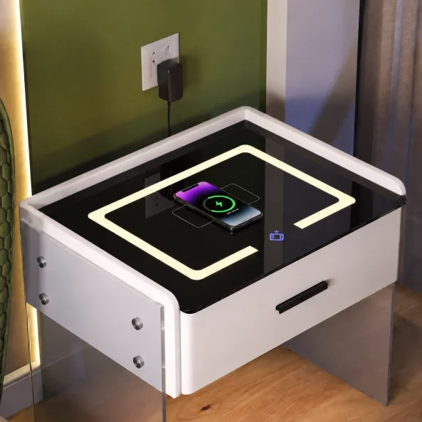 Noptiera inteligenta cu incarcare wireless, iluminare LED, 1 sertar de depozitare, difuzor Bluetooth si inchidere prin amprenta – alba, design modern din sticla si lemn