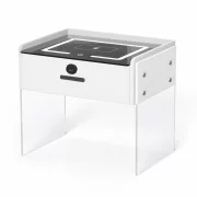Noptiera inteligenta cu incarcare wireless, iluminare LED, 1 sertar de depozitare, difuzor Bluetooth si inchidere prin amprenta – alba, design modern din sticla si lemn