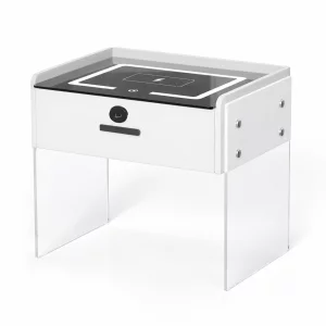 Интелигентно нощно шкафче с безжично зареждане, LED осветление, 1 чекмедже за съхранение, Bluetooth високоговорител и заключване с пръстов отпечатък – бяло, модерен дизайн от стъкло и дърво