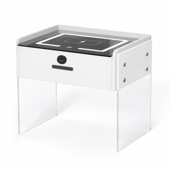 Noptiera inteligenta cu incarcare wireless, iluminare LED, 1 sertar de depozitare, difuzor Bluetooth si inchidere prin amprenta – alba, design modern din sticla si lemn
