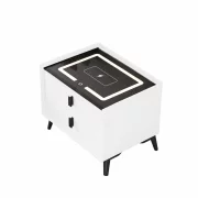 Noptiera inteligenta cu incarcare wireless si iluminare LED – culoare alb, 2 Sertare, design modern din sticla si lemn