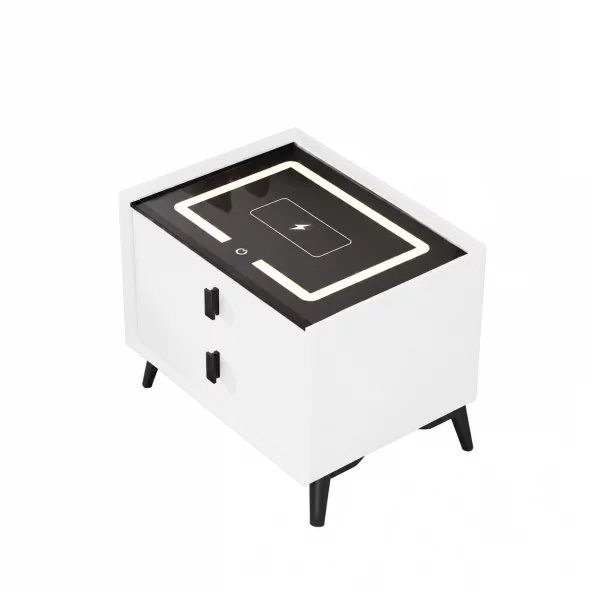 Noptiera inteligenta cu incarcare wireless si iluminare LED – culoare alb, 2 Sertare, design modern din sticla si lemn