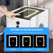 Noptiera inteligenta slim cu incarcare wireless, iluminare LED, difuzor Bluetooth, port USB &amp; Type-C si sistem cu amprenta – culoare alb, 2 sertare, design modern din sticla si lemn