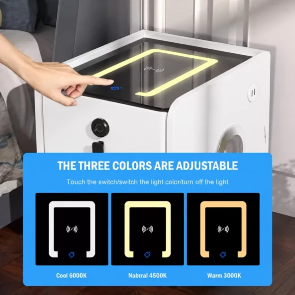 Noptiera inteligenta slim cu incarcare wireless, iluminare LED, difuzor Bluetooth, port USB &amp; Type-C si sistem cu amprenta – culoare alb, 2 sertare, design modern din sticla si lemn