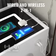 Noptiera inteligenta slim cu incarcare wireless, iluminare LED, difuzor Bluetooth, port USB &amp; Type-C si sistem cu amprenta – culoare alb, 2 sertare, design modern din sticla si lemn