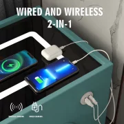 Mesita de noche inteligente slim con carga inalámbrica, iluminación LED, altavoz Bluetooth, puerto USB y Tipo-C y sistema de huella dactilar - color verde, 2 cajones, diseño moderno de vidrio y madera