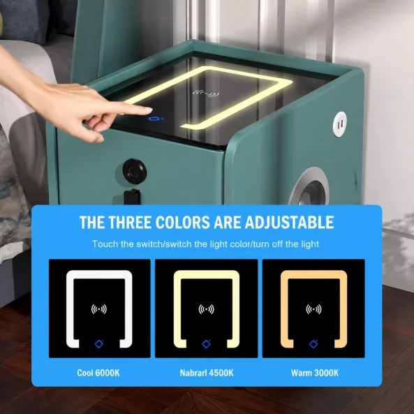 Mesita de noche inteligente slim con carga inalámbrica, iluminación LED, altavoz Bluetooth, puerto USB y Tipo-C y sistema de huella dactilar - color verde, 2 cajones, diseño moderno de vidrio y madera