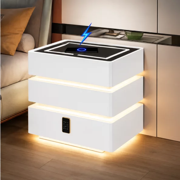 Noptieră inteligentă cu funcții smart și design elegant-iluminare LED ,3 sertare,încărcare wireless 15W,cod lock-WHITE