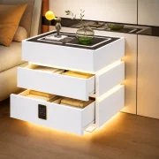 Noptieră inteligentă cu funcții smart și design elegant-iluminare LED ,3 sertare,încărcare wireless 15W,cod lock-WHITE