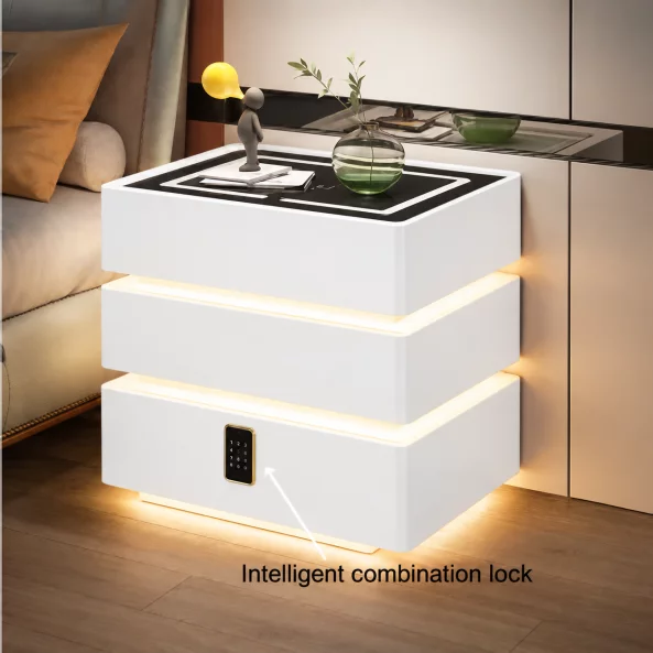 Noptieră inteligentă cu funcții smart și design elegant-iluminare LED ,3 sertare,încărcare wireless 15W,cod lock-WHITE