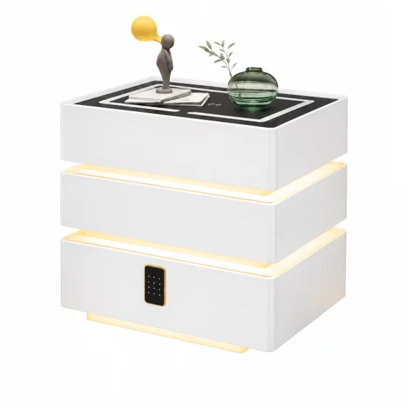 Noptieră inteligentă cu funcții smart și design elegant-iluminare LED ,3 sertare,încărcare wireless 15W,cod lock-WHITE
