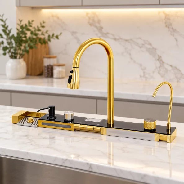 Consolă multifuncțională dotată cu baterii și accesorii,display digital led, culoare : auriu ,compatibilă cu chiuveta AB7546D-A-6-1-GLD