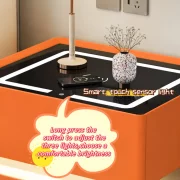 Noptiera inteligenta cu incarcare wireless, iluminare LED, 2 sertare de depozitare, senzor de lumina nocturna si incuietoare codificata – portocalie, design modern din sticla si lemn