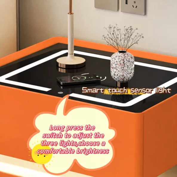 Noptiera inteligenta cu incarcare wireless, iluminare LED, 2 sertare de depozitare, senzor de lumina nocturna si incuietoare codificata – portocalie, design modern din sticla si lemn