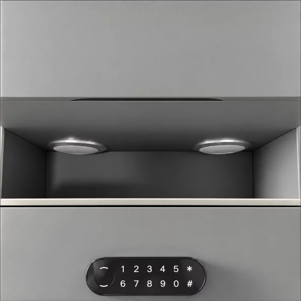 Intelligens éjjeliszekrény vezeték nélküli töltéssel, LED világítással, éjszakai fényérzékelővel, Bluetooth hangszóróval és biometrikus zárral – antracitszürke, modern üveg- és fa dizájnnal, 3 tárolófiókkal