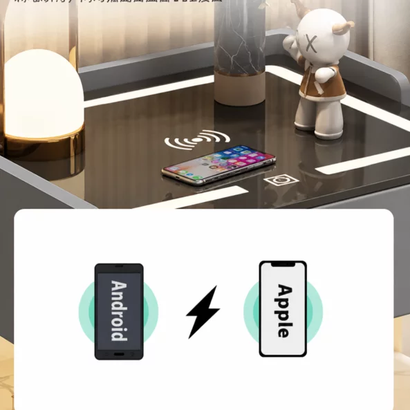 Intelligens éjjeliszekrény vezeték nélküli töltéssel, LED világítással, éjszakai fényérzékelővel, Bluetooth hangszóróval és biometrikus zárral – antracitszürke, modern üveg- és fa dizájnnal, 3 tárolófiókkal