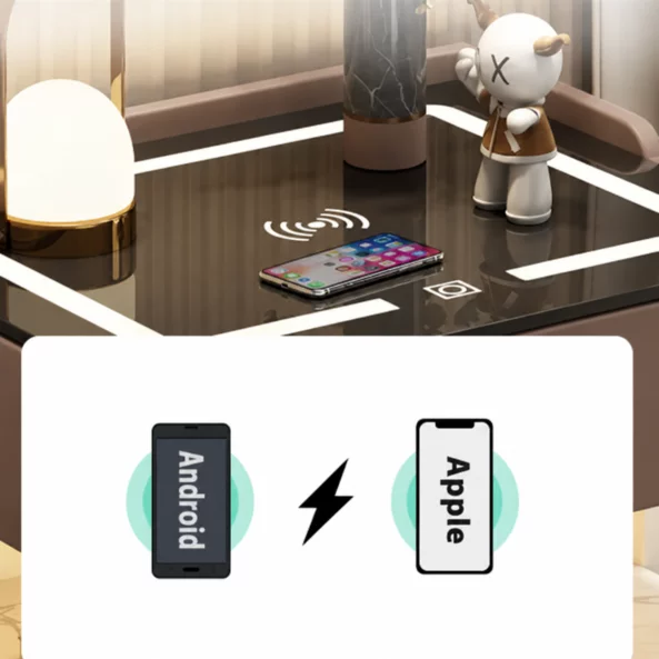 Noptiera inteligenta cu incarcare wireless, iluminare LED, 3 sertare de depozitare, senzor de lumina nocturna, difuzor Bluetooth si incuietoare biometrica – maro, design modern din sticla si lemn