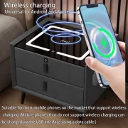 Okos ejjeliszekreny vezetek nelkuli toltessel, LED vilagitassal, Bluetooth hangszoroval, USB es Type-C porttal - antracitszurke szinu, 2 fiokkal, modern uveg es fa dizajnnal