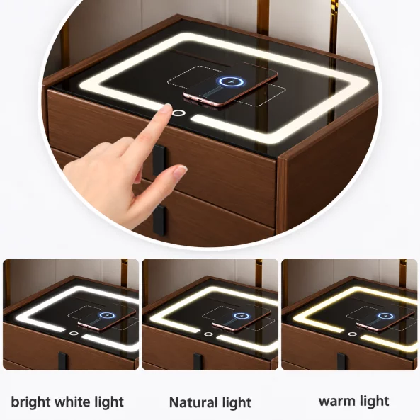 Mesita de noche inteligente con carga inalámbrica, iluminación LED, altavoz Bluetooth, puerto USB y tipo C – color marrón, 2 cajones, diseño moderno de vidrio y madera
