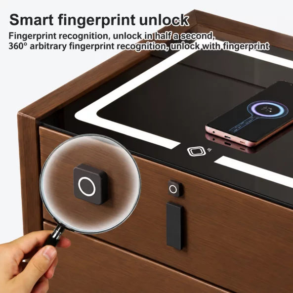 Mesita de noche inteligente con carga inalámbrica, iluminación LED, altavoz Bluetooth, puerto USB y tipo C – color marrón, 2 cajones, diseño moderno de vidrio y madera
