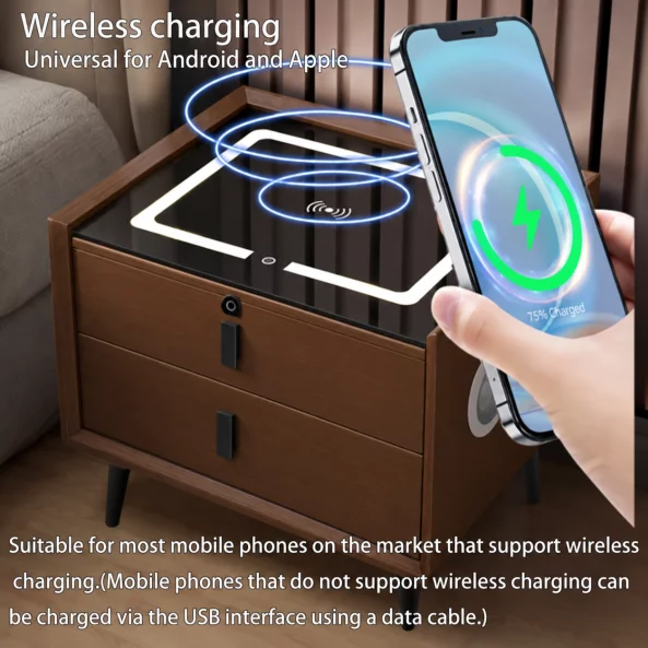 Mesita de noche inteligente con carga inalámbrica, iluminación LED, altavoz Bluetooth, puerto USB y tipo C – color marrón, 2 cajones, diseño moderno de vidrio y madera