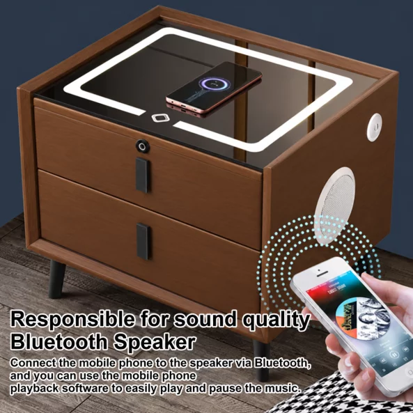 Mesita de noche inteligente con carga inalámbrica, iluminación LED, altavoz Bluetooth, puerto USB y tipo C – color marrón, 2 cajones, diseño moderno de vidrio y madera