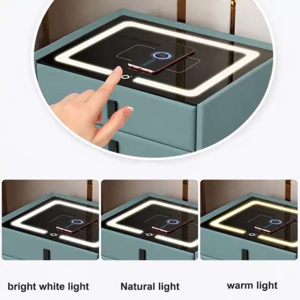 Intelligens ejjeliszekreny vezetek nelkuli toltessel, LED vilagitas, Bluetooth hangszoro, USB es Type-C port - zold szin, 2 fiok, modern uveg es fa dizajn
