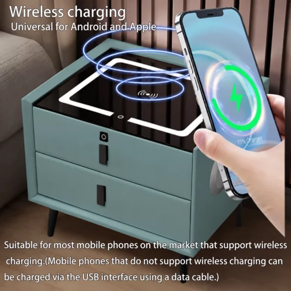 Intelligens ejjeliszekreny vezetek nelkuli toltessel, LED vilagitas, Bluetooth hangszoro, USB es Type-C port - zold szin, 2 fiok, modern uveg es fa dizajn